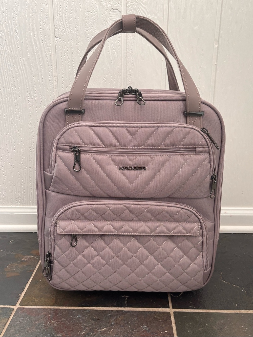 KROSER Carry On Underseat Multi-functional 16” Lightweight Suitcase Gray Pink